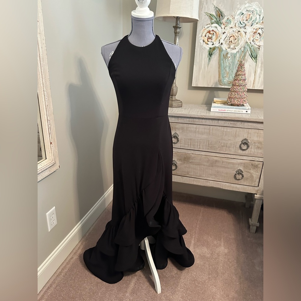 Betsy & Adam Halter Neck Ruffle Tier Scuba Crepe Gown